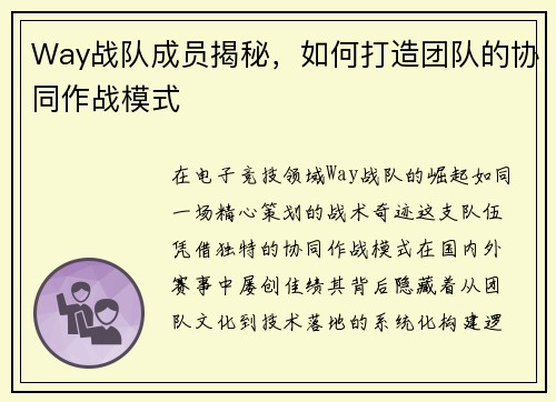Way战队成员揭秘，如何打造团队的协同作战模式