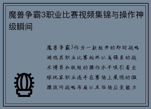 魔兽争霸3职业比赛视频集锦与操作神级瞬间