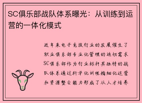 SC俱乐部战队体系曝光：从训练到运营的一体化模式
